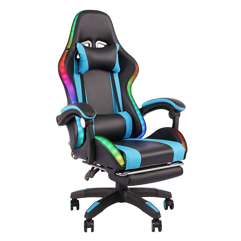 Blue Professional Swivel Recling RGB Gamer Justerbart Armstöd Led Gaming Stol med Fotstöd (Y-2442)